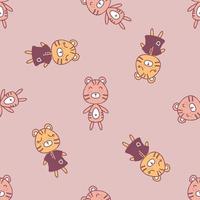 Doodle tiger and tigress seamless pattern. vector