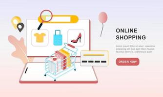 Compras en línea realistas en 3D en la página web de destino o el concepto de aplicación móvil de la plantilla de marketing digital vectorial. Arte de papel isométrico para promoción de tienda digital, pago, entrega, gran venta, anuncios. vector