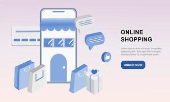3D realistic online shopping on landing web page or mobile application concept of vector digital marketing template. Isometric paper art for digital store promotion, payment, delivery, big sale, ads.