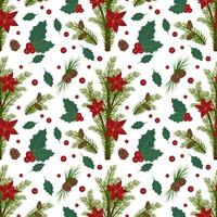 Seamless pattern with Christmas fir or pine branches with brown cones and red poinsettia flower. Festive print decoration for new year. Vector flat illustration