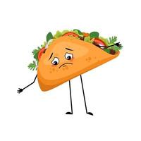 Cute character mexican taco with sad emotion, face, depressive eyes, arms and legs. Fast food person with melancholy expression, sandwich with flatbread. vector