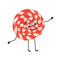 Cute character lollipop with happy emotions, face, smile, eyes, arms and legs. Cheerful sweet candy person vector