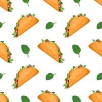 Seamless pattern with Mexican traditional taco food and green spinach. Fast food print for restaurant, cafe and design on white background. Vector flat illustration