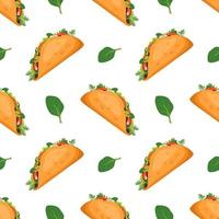 Seamless pattern with Mexican traditional taco food and green spinach. Fast food print for restaurant, cafe and design on white background. Vector flat illustration