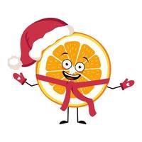 Orange Santa character with happy emotion, joyful face, smile eyes, arms and legs with scarf and mittens. Citrus person with expression, red fruit for Christmas and New year. Vector illustration