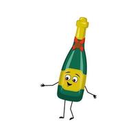 Bottle of sparkling wine character with happy emotions, face, smile eyes, hands and legs. Alcohol man with joyful facial expression, glass container for holidays and parties. Vector flat illustration