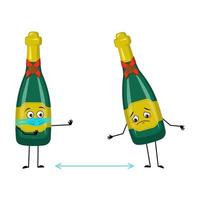 Bottle of sparkling wine character with sad emotions, face and mask keep distance, arms and legs. Alcohol man with expression, glass container for holidays and parties. Vector flat illustration