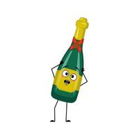 Bottle of sparkling wine character  with emotions in panic grabs his head, surprised face, shocked eyes, arms and legs. Alcohol man with scared expression, glass container for holidays and parties vector