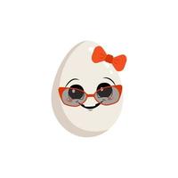 Cute egg character with happy emotions, joyful face, smile eyes, with bow and glasses. Festive decoration for Easter. A mischievous culinary hero. Vector flat illustration