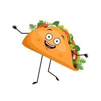 Taco mexicano de lindo personaje con emociones felices, rostro, sonrisa, ojos, brazos y piernas. alegre persona de comida rápida, sándwich con pan plano. vector