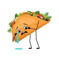 Cute character mexican taco with crying and tears emotion, sad face, depressive eyes, arms and legs. Fast food person with melancholy expression, sandwich with flatbread. vector