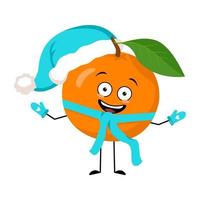 Orange Santa character with happy emotion, joyful face, smile eyes, arms and legs with scarf and mittens. Citrus person with expression, red fruit for Christmas and New year. Vector illustration