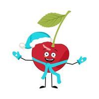 Cherry Santa character with happy emotion, joyful face, smile eyes, arms and legs with scarf and mittens. Fruit person with expression, food for Christmas and New year vector