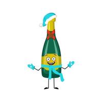 Bottle of sparkling wine character with happy emotion, joyful face, smile eyes, arms and legs with scarf and mittens. Alcohol man for Christmas and New year. Vector flat illustration