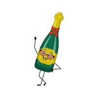 Bottle of sparkling wine character with happy emotions, face, smile eyes, hands and legs. Alcohol man with joyful facial expression, glass container for holidays and parties. Vector flat illustration