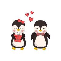 Cute penguins in love in childish style with red heart and gift box. Festive funny animals, valentine day decoration. Vector flat illustration