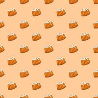 Seamless pattern with glazed pastry bun with hazelnut sprinkles. Fresh bakery print for breakfast or snack for tea and coffee. Easter cake for spring holiday. Vector flat illustration