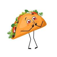 Taco mexicano de lindo personaje con emociones de amor, cara de sonrisa, brazos y piernas. persona alegre de comida rápida, sándwich con pan plano. vector