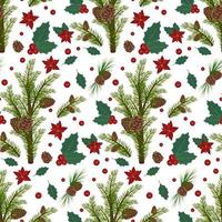 Seamless pattern with Christmas fir or pine branches with brown cones and red poinsettia flower. Festive print decoration for new year. Vector flat illustration