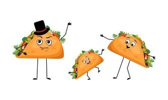 Family of mexican taco characters with happy emotions, smile face, happy eyes, arms and legs. Mom is happy, dad is wearing hat and child is dancing. Vector flat illustration
