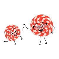 Cute character lollipop with happy emotions, face, smile, eyes, arms and legs. Cheerful sweet candy person. Grandmother with glasses and grandson dancing vector