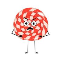 Cute character lollipop with angry emotions, grumpy face, furious eyes, arms and legs. Irritated sweet candy person vector