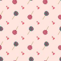 Seamless pattern with striped lollipop and hearts. Festive sweetness in spiral print for new year, birthday and holiday. Vector flat illustration