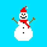 Funny pixel snowman. Christmas winter character in knitted hat and red scarf. Game congratulations on holiday and vector new year