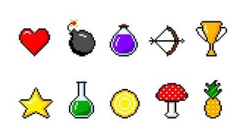 Colorful pixel game items collection. Bright heart with magic potion bottles. Gold star with coin and winners cup. Burning bomb with medieval bow and prize fly agaric with vector pineapple.