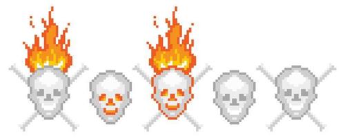 Human pixel skulls. Flaming jolly roger bones with halloween grin. Dead head with crossbones as symbol of pirate party and retro 8 bit vector game