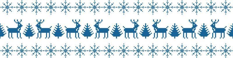 Christmas ornament stripe pixel seamless pattern. Blue deer near new years trees. Festive trendy embroidery with snowflakes in scandinavian vector style.
