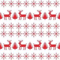 Red christmas ornament pixel seamless pattern. Pixelated deer near new years trees. Celebration trendy embroidery with snowflakes in scandinavian vector style.