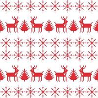 Red christmas ornament pixel seamless pattern. Pixelated deer near new years trees. Celebration trendy embroidery with snowflakes in scandinavian vector style.