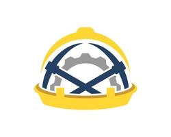 Safety helmet with cross mining axe and gear inside vector