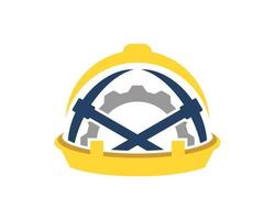 Safety helmet with cross mining axe and gear inside vector