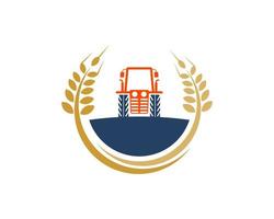 Circle gold wheat with farm tractor inside vector