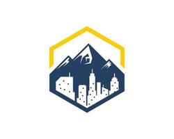 Hexagonal shape with mountain and building vector