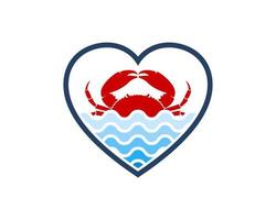 Love shape with abstract beach wave and red crab inside vector