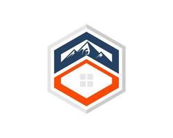Hexagonal shape with simple house and mountain on the top vector