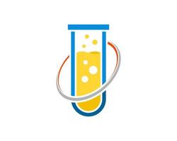 Simple bottle laboratory with yellow liquid and oval swoosh vector