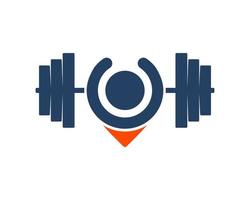 Pin location with healthy people and gym barbell vector