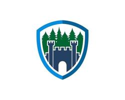 Protection shield with pine forest and fortress inside vector