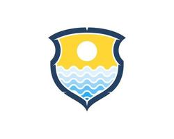 Abstract shield with beach wave and sunset inside vector