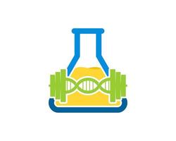 laboratorio de botella triangular con líquido amarillo y barra de adn en el interior vector