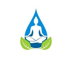 gota de agua con mujeres yoga y hoja de la naturaleza. vector