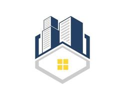 hexagonal shape with house and city building on the top vector