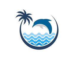 Circular palm tree with abstract beach wave and jumping dolphin vector