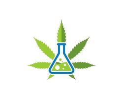 Cannabis leaf with bottle laboratory and green liquid