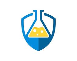 Protection shield with bottle laboratory and yellow liquid vector