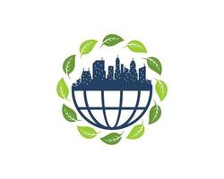 Circular nature leaf with abstract globe and city building vector